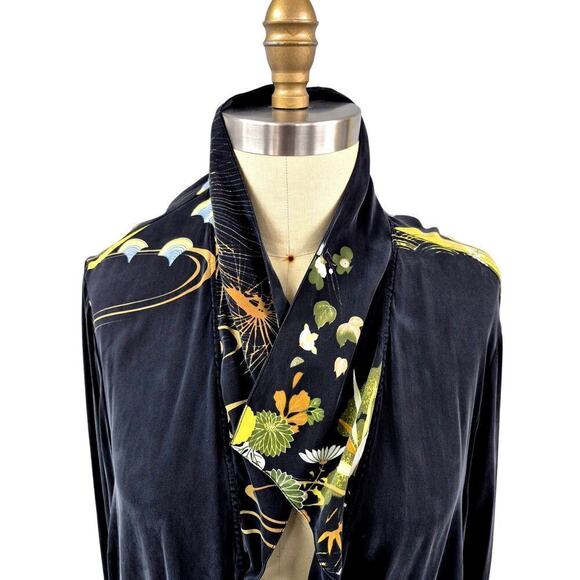 Citron Santa Monica 100% Silk Kimono Brushed Black yellow floral Border Print OS - Picture 2 of 8